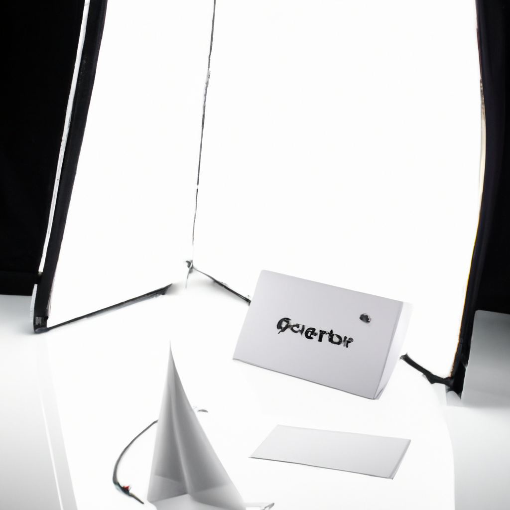 화이트 사이클로라마와 소프트박스가 있는 미니멀 스튜디오 인테리어, 컬러체커가 배치된 장면