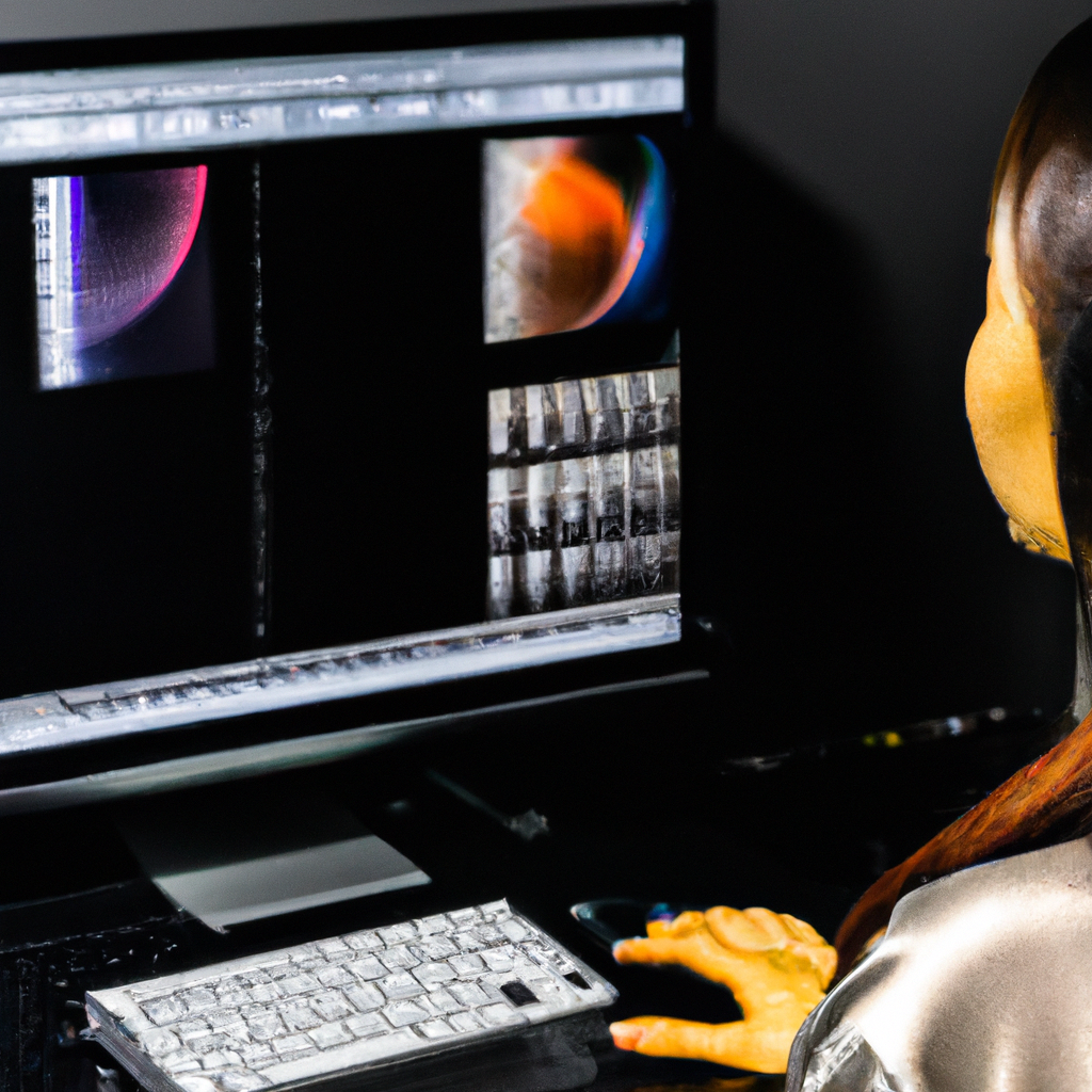 리터쳐가 모니터 앞에서 컬러 그레이딩 패널로 색보정을 수행