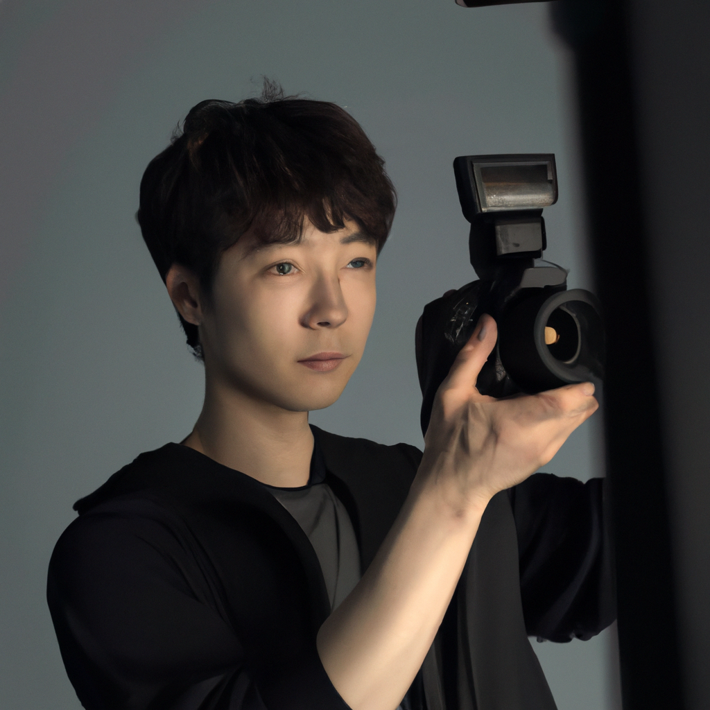 카메라를 든 포토그래퍼가 현대적 스튜디오에서 촬영 준비